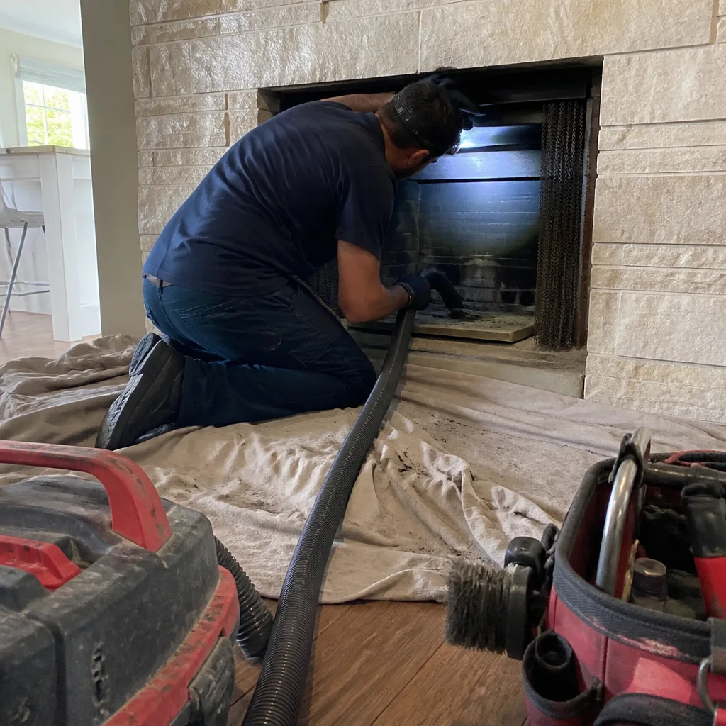 Professional chimney technician cleaning a residential fireplace interior
