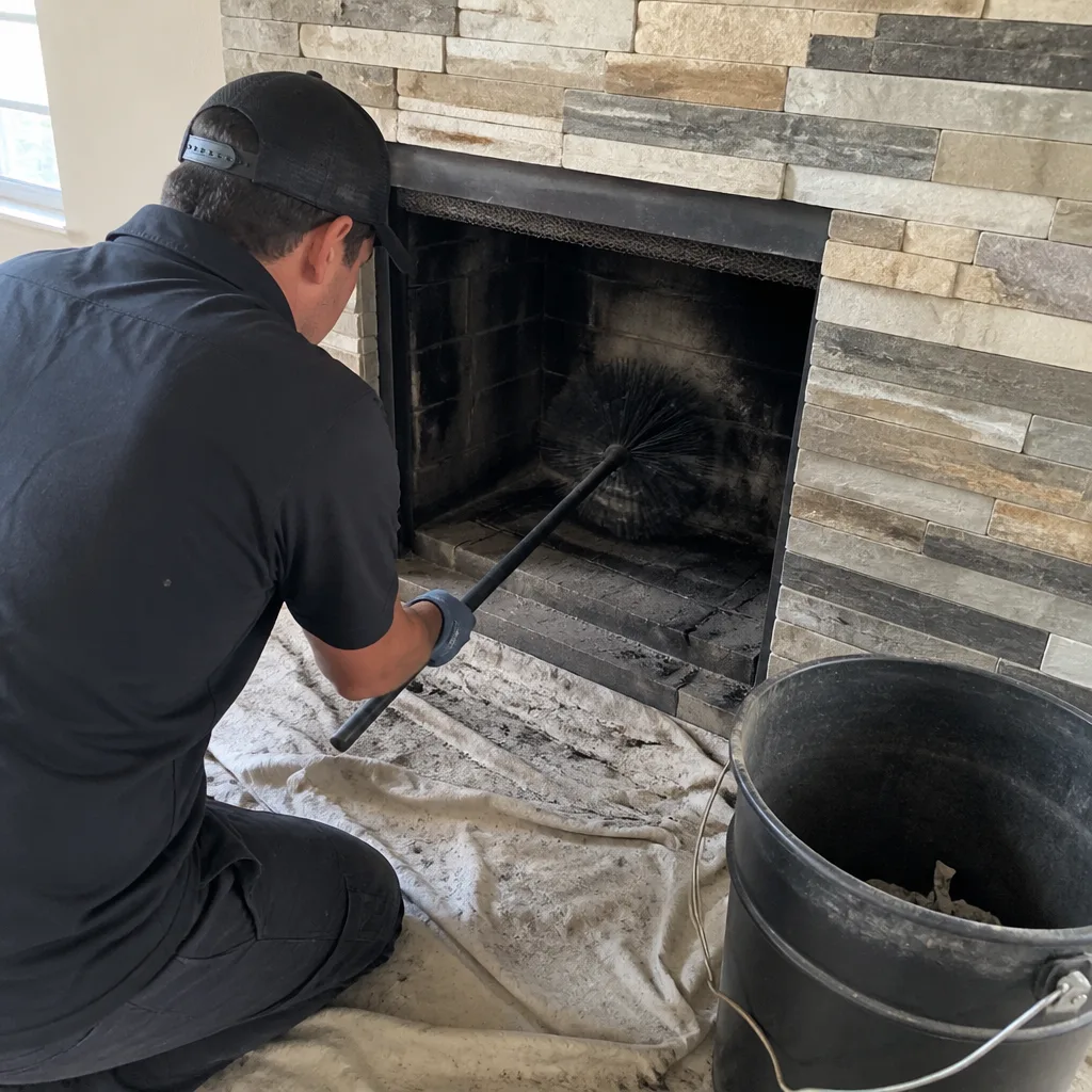 Professional chimney sweep cleaning soot from a residential fireplace with brush