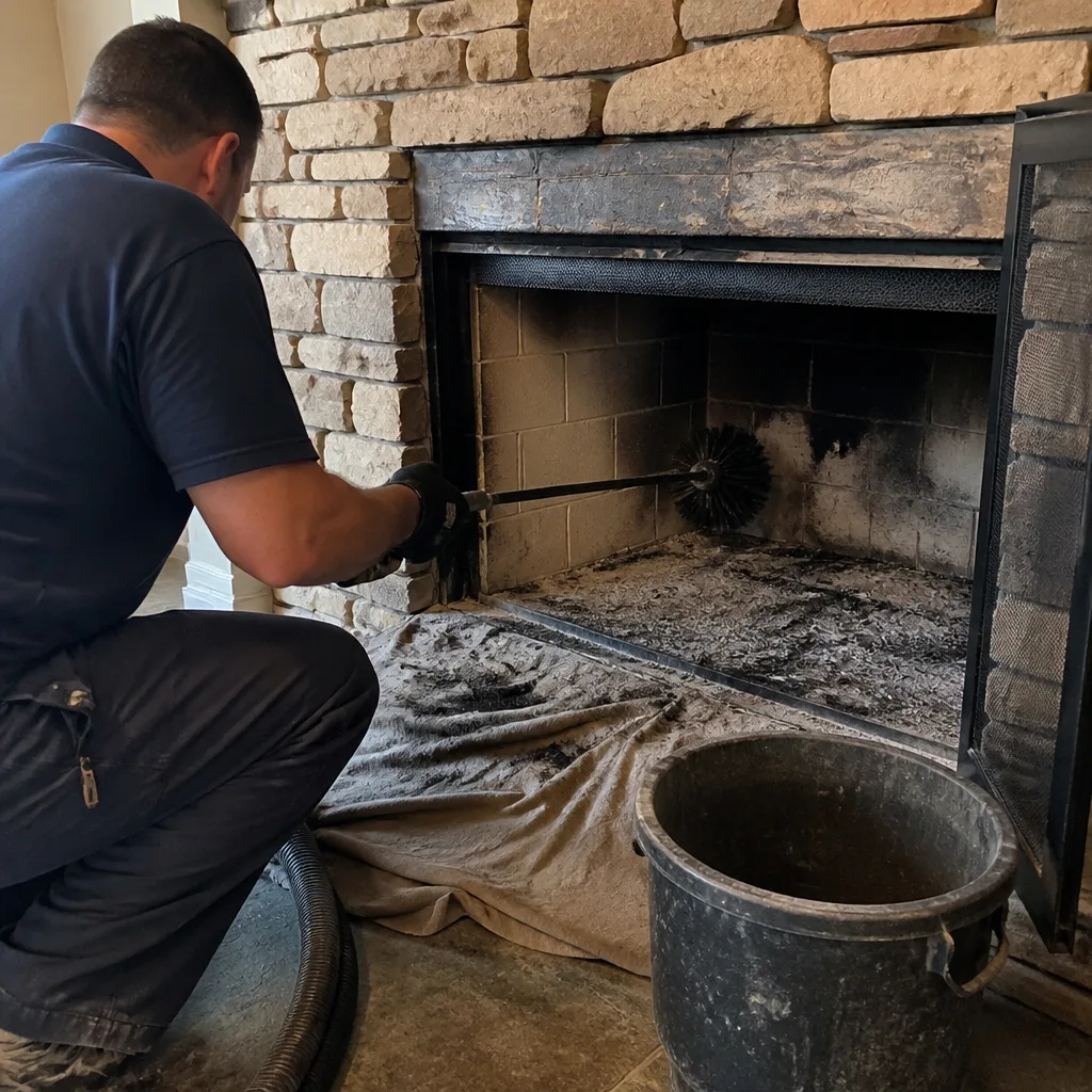 Professional chimney sweep cleaning a stone fireplace interior with a brush
