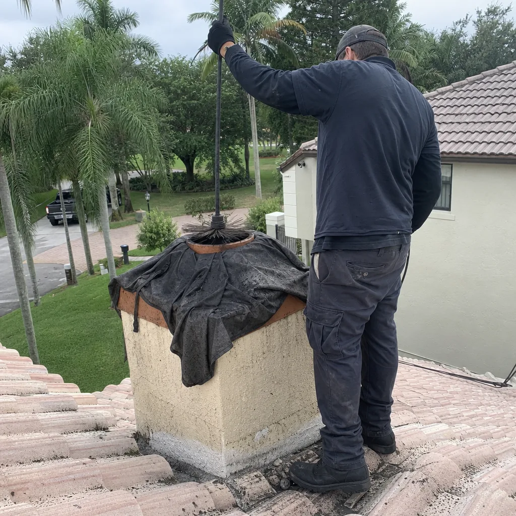 Professional chimney sweep cleaning a fireplace flue from the rooftop