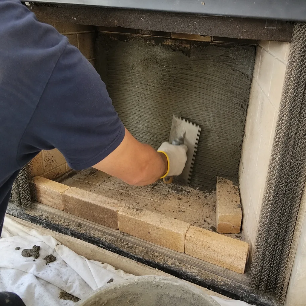 Professional contractor applying mortar to fireplace wall with notched trowel