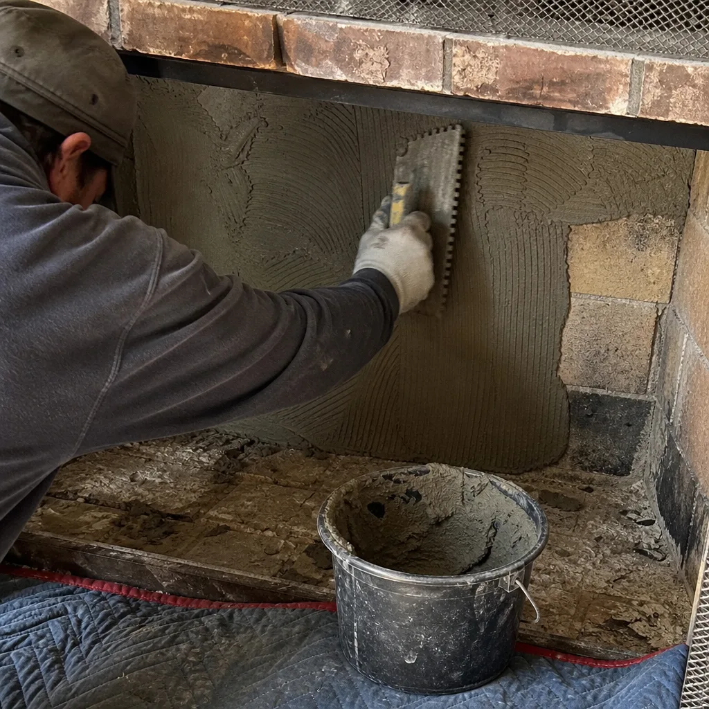 Professional contractor applying mortar to a fireplace firebox